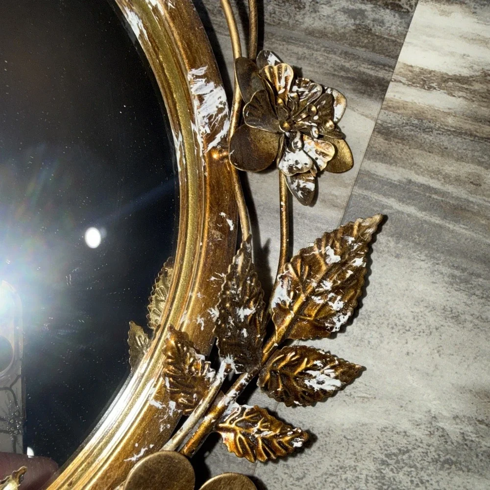 Vintage Ornate Metal Gold Floral Ivy Round Mirror Hanging Table Top Frame 11 In